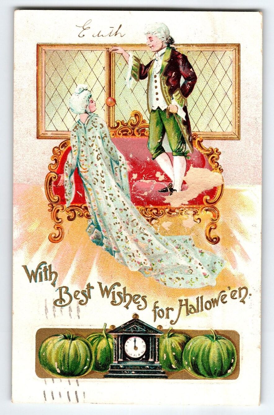 1908 Vintage Halloween Postcard With Elegant Couple & Green Pumpkins